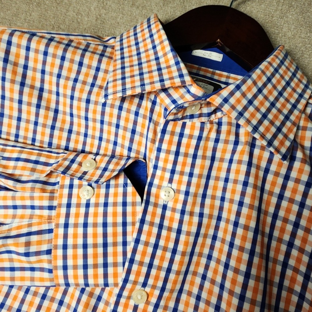 Lorenzo Uomo Button Down Mens 17.5 34/35 Orange Blue Gingham Check Cotton Shirt